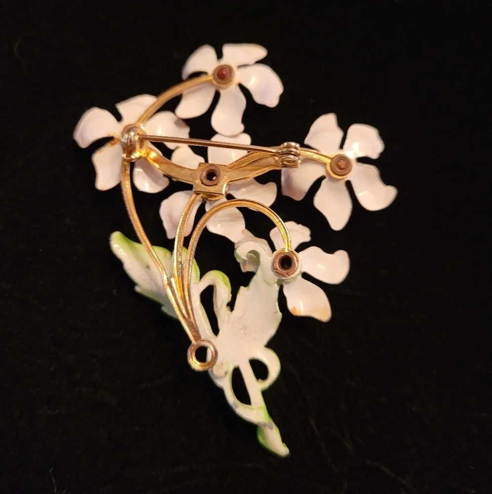 Vintage Pink Enamel Flower Bouquet Brooch‎ Gold Tone Floral Pin Green Leaf 2.75
